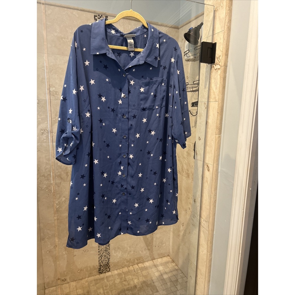Catherines 2XWP Blue White Star Button Front Blouse Short Sleeve Top NWT
